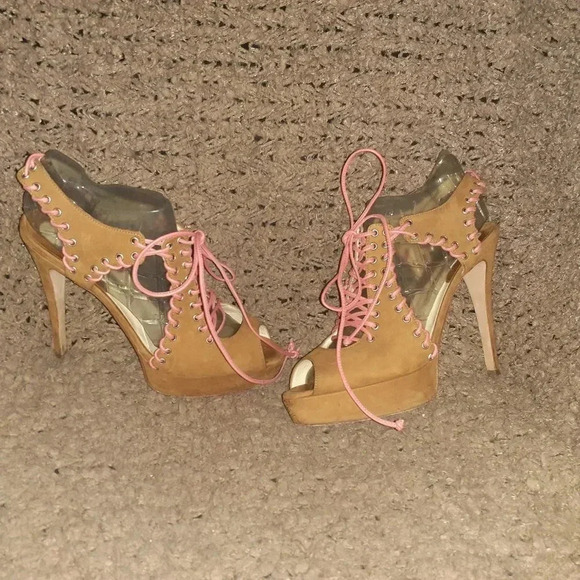 Vintage BRIAN ATWOOD-BITCHIN-Tan Nubuck/Pink Laces-Corset Style-Stilettos-Sz 37